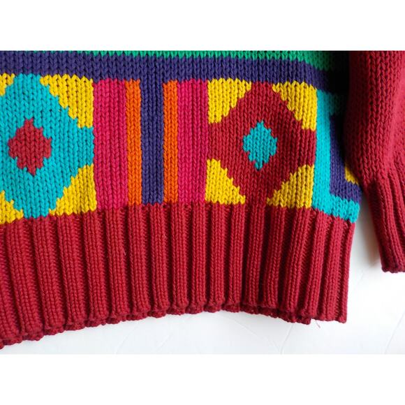 Vtg John Henry Pink Sweater Women Medium Geometric Multicolor Y2K Ramie Button - Picture 8 of 11